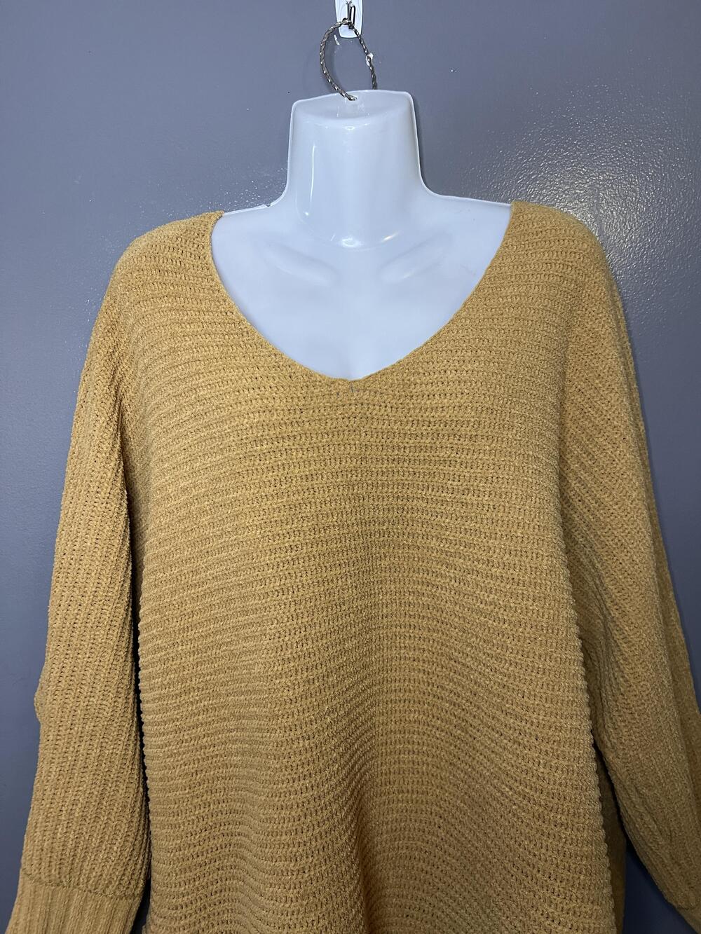 American Eagle Sweater Tunic Womens Medium Yellow Waffle Knit V Neck Oversized